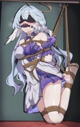 absurdres arms_behind_back ball_gag barefoot blindfold blue_hair blush bondage bondage bondage bound box_tie breasts crotch_rope crying dress earrings gag halo head_wings highres honkai:_star_rail honkai_(series) jewelry long_hair medium_breasts mimoun restrained robin_(honkai:_star_rail) rope rope_belt saliva soles stationary_restraints white_dress wings
