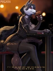 absurdres alcohol animal_penis breasts cigarette cup dog_girl dress drinking drinking_glass earrings fluffy furry furry_female futanari highres horse_penis jewelry large_breasts magnetus original penis sagging_testicles smoking testicles thighhighs wine wine_glass wolf_girl