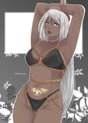 arms_behind_head background black_underwear blue_eyes bondage bondage collar dark-skinned_female dark_skin erda hard_nipples imperium_of_man looking_at_viewer nipples nsfw pinup rope rope_bondage warhammer_(franchise) warhammer_40k watermark white_hair