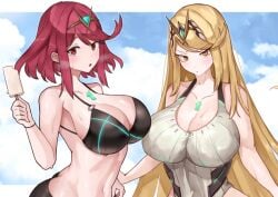 2girls absurdres adjusting_buruma adjusting_clothes adjusting_swimsuit bikini black_bikini blonde_hair blush breasts buruma chest_jewel cleavage competition_swimsuit female food highleg highres jewelry large_breasts long_hair looking_at_viewer mythra navel one-piece_swimsuit open_mouth popsicle pyra red_eyes red_hair short_hair solo steam sweat swept_bangs swimsuit tiara very_long_hair xenoblade_(series) xenoblade_chronicles_2 yellow_eyes yotsuha_uni