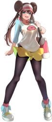 1girls black_pantyhose blue_eyes blush breasts brown_hair donut_hair_bun double_bun female hair_bun hat highres large_breasts long_hair looking_at_viewer momdy_(talesshinja) nintendo open_mouth pantyhose pantyhose_under_shorts poke_ball_print pokemon pokemon_bw2 raglan_sleeves rosa_(pokemon) shirt shoes shorts simple_background smile sneakers solo twintails visor_cap white_background yellow_shorts