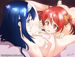 blue_eyes blue_hair blush breasts censored clitoris cunnilingus female futaba_aoi_(vividred_operation) ginko_(silver_fox) hairband isshiki_akane long_hair mosaic_censoring multiple_girls nipples nude open_mouth oral pussy pussy_juice short_hair smile spread_legs tied_hair tongue twintails vividred_operation yuri