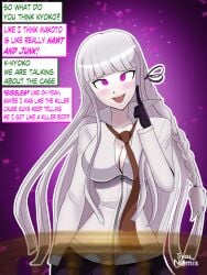 big_breasts bimbo bimbofication blush breasts cleavage crossed_eyes danganronpa dialogue femsub humor kyoko_kirigiri long_hair pink_eyes pink_hair ring_eyes syas-nomis text white_hair