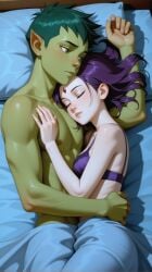 ai_generated bare_chest beast_boy bed blanket bra couple cuddling duo forehead_jewel green_hair green_skin laying_down laying_on_bed laying_on_side laying_together purple_bra purple_hair raven_(dc) sleeping tagme teen_titans