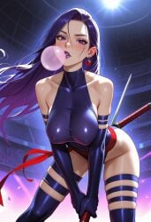 ai_generated arena arms_together arms_under_breasts arms_up ass belt bent_over big_ass bodysuit breasts chewing_gum dc dc_comics dtkai earrings female hair holding holding_katana holding_object jewelry katana large_breasts light lights lipstick long looking_at_viewer marvel marvel_cinematic_universe marvel_comics nipples outside psylocke psylocke_(marvel_rivals) purple purple_eyes purple_lipstick sash standing transparent_clothing