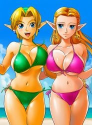 2girls ai_generated beach bikini blonde_hair bouncing_breasts breasts elf_ears female genderswap_(mtf) green_bikini jewelry large_breasts link link_(ocarina_of_time) mouth_open nintendo princess_zelda purple_bikini rule_63 short_hair smile the_legend_of_zelda the_legend_of_zelda:_ocarina_of_time zelda_(ocarina_of_time)