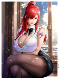1girls arm_tattoo big_breasts black_skirt blue_tattoo border bowtie breasts cleavage closed_mouth commentary crossed_legs dark_sq7 erza_scarlet fairy_tail fairy_tail_logo fairy_tail_mark female hair_over_one_eye high_ponytail highres large_breasts lips lipstick long_hair looking_at_viewer pantyhose pink_lips ponytail red-haired_female red_eyes red_hair sidelocks signature sitting skirt solo tattoo watch white_border wristwatch