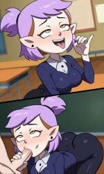 ahe_gao ai_generated amity_blight ass big_ass big_breasts blowjob cock fellatio fellatio_gesture legitimate purple_hair teacher teacher_and_student teacher_outfit the_owl_house tongue tongue_out yellow_eyes