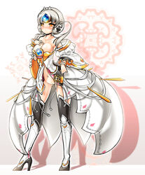 black_legwear blush boots breasts code_empress detached_sleeves elsword eve_(elsword) female high_heels high_resolution large_breasts poseich pussy shoes short_hair skirt thighhighs updo white_background white_hair yellow_eyes