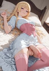 1futa ai_generated balls big_penis blonde_hair blue_eyes bottomless corset dress erection from_above futa_only futanari hime_cut hime_girl_(jamesbron) intersex jamesbron large_penis legwear long_hair looking_at_viewer lying lying_on_back lying_on_bed no_panties on_back on_bed penis pink_stockings pink_thighhighs small_breasts solo solo_futa stockings thighhighs thighs white_dress wide_hips
