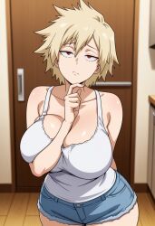 ai_generated big_breasts blonde_hair breasts confused cowboy_shot female jean_shorts lamin_ai looking_up milf mitsuki_bakugou my_hero_academia red_eyes sfw standing tank_top thick_thighs thin_waist thinking