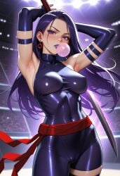 ai_generated arena arms_up ass belt big_ass bodysuit breasts chewing_gum dc dc_comics dtkai earrings female hair holding jewelry katana large_breasts light lights lipstick long looking_at_viewer marvel marvel_cinematic_universe marvel_comics outside psylocke psylocke_(marvel_rivals) purple purple_eyes purple_lipstick sash