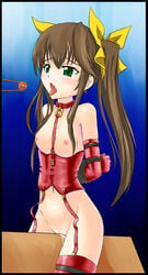 bondage breasts brown_hair chopsticks collar corset cyber_(cyber_knight) elbow_gloves female food green_eyes huang_lingyin infinite_stratos long_hair nipples open_mouth pussy pussy_juice solo tear thighhighs tied_hair tongue tongue_out twintails uncensored wooden_horse