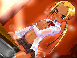 blonde_hair blush bow breasts breasts_out brown_eyes clothing dark-skinned_female dark_nipples dark_skin empty_eyes erect_nipples female ganguro grinding gyaru hagimura_suzu kogal large_breasts long_hair makeup masturbation nipples open_clothes open_shirt pussy pussy_juice sako_(bosscoffee) school_uniform seitokai_yakuindomo skirt skirt_lift solo sweat table_humping tan_skin uncensored