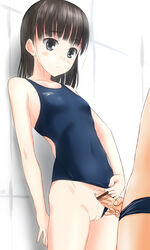 1boy bangs bare_shoulders black_eyes black_hair blush censor_bar censored competition_swimsuit female highres leaning_back one-piece_swimsuit original penis precum pussy short_hair speedo swimsuit swimsuit_aside takafumi