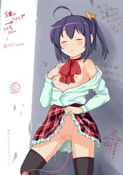 amashoku blush breasts chuunibyou_demo_koi_ga_shitai! closed_eyes exhibitionism female nipples no_panties open_clothes open_shirt plaid_skirt purple_hair pussy school_uniform shirt short_hair solo takanashi_rikka tear thighhighs uncensored vibrator