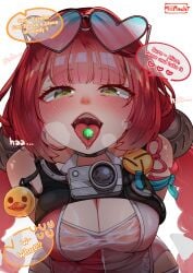 1girls absurdres ass big_ass big_breasts big_thighs bikini blush breasts cleavage dialogue eyewear_on_head fangs female female_pov glasses green_eyes heart heart-shaped_eyewear heart-shaped_glasses heart_glasses highres implied_yuri looking_at_viewer miimach7 official_alternate_costume open_mouth pov red_hair swimsuit tagme tanuki text thick_thighs thigh_strap thighs thong_bikini tongue tongue_out ukinami_yuzuha ukinami_yuzuha_(tanuki_in_broad_daylight) underwear yuri zenless_zone_zero