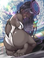 artist_logo ass barefoot black_hair blue_archive breasts competition_swimsuit dark-skinned_female dark_skin female halo highleg highleg_one-piece_swimsuit highres kamimon_(schwarzkap) karin_(blue_archive) large_breasts logo long_hair looking_at_viewer looking_back one-piece_swimsuit purple_halo sideboob solo swimsuit two-tone_swimsuit two_side_up watermark white_one-piece_swimsuit yellow_eyes