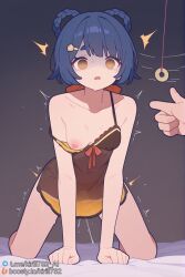 1girls ai_generated all_fours bed blue_hair boosty_username breasts empty_eyes female genshin_impact hypnosis kirill782 looking_at_viewer mind_control negligee nipples one_breast_out pendulum see-through snapping_fingers stable_diffusion strap_slip telegram_username watermark xiangling_(genshin_impact) yellow_eyes