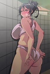 ass black_hair blush breasts female huge_ass huge_breasts kunifuto panties pussy_juice smile solo sweat thick_thighs thighs underwear