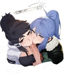 2girls1boy :>= about_to_cum atkoart bj black_hair blowjob blue_hair capcom clothed cock cock_worship cute disembodied_penis eye_contact fanart freckles jealous licking licking_penis looking_at_viewer mizuki_(mh_mizuki) monster_hunter oc original original_character penis penis_awe ponytail saki_(theatko) steaming_body teamwork the_atko tongue tongue_out