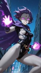 ai_generated angry_expression angry_face angy belt cape clothed clothing forehead_jewel forhead_gem glowing_eyes glowing_hands leotard magic medium_breasts night raven_(dc) sideboob snarling solo tagme teen_titans torn_clothes torn_clothing