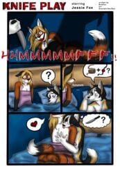 anal anthro ball_gag bondage bound canine comic crossdressing fox furry gag gay jessie_lockhart knife lovers male no_humans peril piebald_shepherd piercing scarlett_the_red trevor_blake