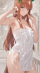 ai_generated bathroom flat_chest naked_towel shower silence_suzuka_(umamusume) towel towel_only vanessa614