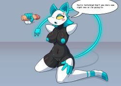 1boy 1girls 2025 alternate_version_available anger_vein armless big_breasts black_body blue_eyeshadow blue_hair blue_nipples blush breasts bruhmynameisdylan cat_ears deltarune dialogue english_text female female_focus handjob navel nipples open_mouth penis plug plug_tail pussy stockings tasque_manager_(deltarune) text thick_thighs undertale_(series) yellow_eyes