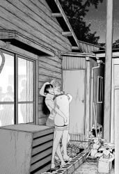 2girls absurdres blush breasts camisole camisole_lift clothes_lift clothes_pull commentary_request fingering greyscale hand_on_another's_head highres long_hair monochrome multiple_girls nanatsu_fuji navel night nipples open_mouth original outdoors plant public_indecency reach-around shorts shorts_pull small_breasts smile star_(sky) strap_slip sweat yuri