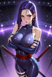 ai_generated arena arms_under_breasts arms_up ass belt big_ass bodysuit breasts chewing_gum dc dc_comics dtkai earrings female hair jewelry katana large_breasts light lights lipstick long looking_at_viewer marvel marvel_cinematic_universe marvel_comics outside psylocke psylocke_(marvel_rivals) purple purple_eyes purple_lipstick sash standing