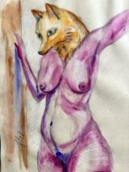absurd_res bedroom_eyes breasts canid canine female fetchasketch fox hi_res intimate mammal narrowed_eyes nude seductive shirtless_humanoid solo