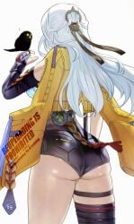 ass asymmetrical_gloves back bird black_gloves black_shorts black_thighhighs breasts elbow_gloves female fingerless_gloves gloves high-waist_shorts highres huge_ass large_breasts long_hair shirt shorts single_thighhigh solo thighhighs thighs uenoryoma white_hair white_shirt yixuan_(zenless_zone_zero) zenless_zone_zero