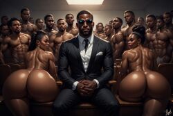 2girls ai_generated ass big_ass big_booty big_butt classroom clothed_male_nude_female dark-skinned_dom dark-skinned_female dark-skinnedsub dark_skin female huge_ass male multiple_males nude nude_male nudity suit sunglasses