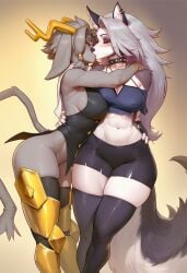 -_-abc 2girls ai_generated anthro anthro_on_anthro ass big_ass big_breasts breasts choker crop_top crossover demon demon_girl ear_piercing ears female fingerless_gloves furry goth goth_girl grabbing grey_body grey_fur grey_hair hellhound helluva_boss horns hugging kissing long_hair loona_(helluva_boss) muscular no_bra notched_ear partially_clothed pseudoregalia shorts snout spiked_collar sybil_(pseudoregalia) tail thick_thighs thighhighs thighs two_tone_body two_tone_fur two_tone_tail voluptuous voluptuous_female white_body white_fur wide_hips wolf wolf_girl