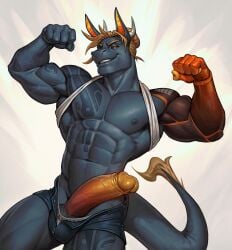 abs absurd_res anthro black_sclera blue_body blue_bottomwear blue_clothing blue_markings blue_pants bottomwear bulge clothing dragon edvardiko flexing_muscles foreskin front_view genitals glans grey_horn hair hair_bun hi_res horn humanoid_genitalia humanoid_penis looking_at_viewer male male_anthro markings muscular muscular_anthro muscular_male mythological_creature mythological_scalie mythology narrowed_eyes navel orange_hair pants pecs penis penis_poking_out portrait pose retracted_foreskin scalie simple_background solo three-quarter_portrait yellow_eyes
