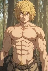 abs ai_generated areola areolae athletic athletic_male blonde_hair blonde_hair_male half-dressed half_naked light-skinned_male light_skin male male_focus male_only messy_hair muscles muscular muscular_arms muscular_male nipples nordic outdoors pale-skinned_male pale_skin pecs pubic_hair shirtless shirtless_male stable_diffusion thorfinn toned toned_body toned_male topless topless_male viking vinland_saga