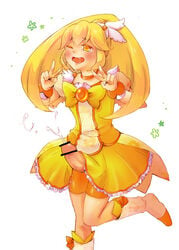 blonde_hair censored clothing cum cure_peace double_v dress futanari handsfree_ejaculation intersex kani_hoshibito magical_girl penis penis_under_skirt precure pretty_cure shorts smile_precure smile_pretty_cure stockings thighhighs v wink yayoi_kise yellow_eyes