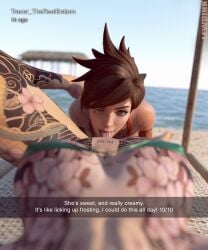 2girls 3d 3d_(artwork) beach big_breasts bikini_top_only bottomless breast_tattoo breasts brown_eyes brown_hair cunnilingus depth_of_field english_text female female_pov freckles kiriko_(overwatch) large_breasts leg_tattoo lewdink looking_at_viewer lying multiple_girls overwatch overwatch_2 pov snapchat strapless_bikini tattoo text tongue tongue_out tracer yakuza_tattoo yuri