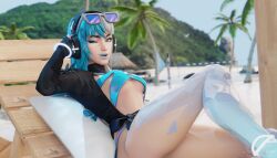 1girls 3d blue_eyes blue_hair hand_on_head headphones looking_at_viewer lounge_chair lounging luna_snow luna_snow_(cool_summer) luna_snow_(marvel_rivals) marvel marvel_rivals sand solo summer sunglasses sunglasses_on_head sweethime swimsuit thighs trees two_tone_hair white_hair wink winking_at_viewer