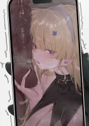 1boy balls balls_grab bare_shoulders black_collar blonde_hair blush breasts caressing_testicles cellphone cleavage collar commentary dark-skinned_male dark_skin female hair_ornament heart heart_in_eye highres holding holding_phone interracial large_breasts long_hair male open_mouth penis penis_awe phoebe_(wuthering_waves) phone purple_eyes saliva saliva_trail screen smartphone symbol-only_commentary symbol_in_eye testicles wuthering_waves x_hair_ornament xaea_xp
