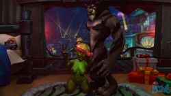 3d 3d_(artwork) anthro anthro_on_female anthro_on_humanoid archif big_breasts big_hips bigger_male city city_background female furry gift goblin goblin_(warcraft) goblin_female grabbing_balls grabbing_hair inside knot looking_at_viewer male orange_eyes penis penis_on_face size_difference smaller_female smiling_at_viewer varian_hendrich warcraft watermark worgen worgen_male world_of_warcraft