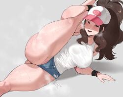 1girls ass blue_eyes blue_shorts blush breasts brown_hair collarbone commentary denim denim_shorts english_commentary female female_pubic_hair gluteal_fold hat highres hilda_(pokemon) large_breasts leg_up long_hair looking_at_viewer micro_shorts nintendo okpriko open_mouth peaked_cap pokemon pokemon_bw pubic_hair pubic_hair_peek shorts simple_background solo steaming_body stretching sweat tank_top thighs white_tank_top wristband