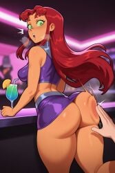 starfire ass fat_ass ass_focus sexual_harassment slapping_ass spanking no_consent shocked shocked_expression miniskirt yellow_skin teen_titans dc_comics dc red_hair bar waifuinvoker ai_generated ai