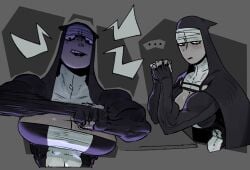 1girls angry annoyed black_lips breasts clasped_hands female habit hands_together kreevler large_breasts muscular muscular_female nun original_character upper_body