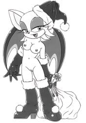 1girls anthro bat boots cartoony christmas comic exposed_torso female footwear furry_bomb furry_bomb_factory gloves handwear headwear karate_akabon long_glove mitsuharu_takura monochrome rouge_the_bat sack santa_hat sega solo sonic_(series) straight_hair tagme wings