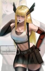 arialla_draws bare_shoulders black_skirt blonde_hair blue_eyes breasts cosplay crop_top elbow_gloves female final_fantasy final_fantasy_vii fingerless_gloves gloves highres large_breasts long_hair looking_at_viewer magik_(illyana_rasputin) magik_(x-men) marvel midriff miniskirt navel simple_background skirt smile solo suspender_skirt suspenders tank_top thighhighs tifa_lockhart tifa_lockhart_(cosplay) x-men