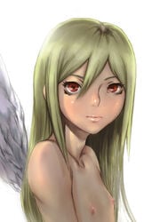 angel_wings bare_shoulders blonde_hair character_request closed_mouth collarbone long_hair looking_at_viewer nipples red_eyes sgk simple_background solo straight_hair white_background