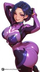 1girl ai_generated arms_up artist_name ass blizzard_entertainment blue_hair blush bodysuit breasts cosplay d.mon large_breasts looking_at_viewer open_mouth overwatch overwatch_2 overwatch_league patreon pilot_suit plugsuit purple_eyes senpai_pixels sensitive shiny_clothes short_hair simple_background skin_tight smile solo twisted_torso white_background