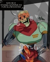 1boy balls ballsack big_penis blush blush_lines blushing cock cum cum_drip cumshot foreskin jerking jerkingoff masturbating masturbation papyrus penis penis_out skeleton strapmercy testicles throbbing_penis uncut undertale_(series)